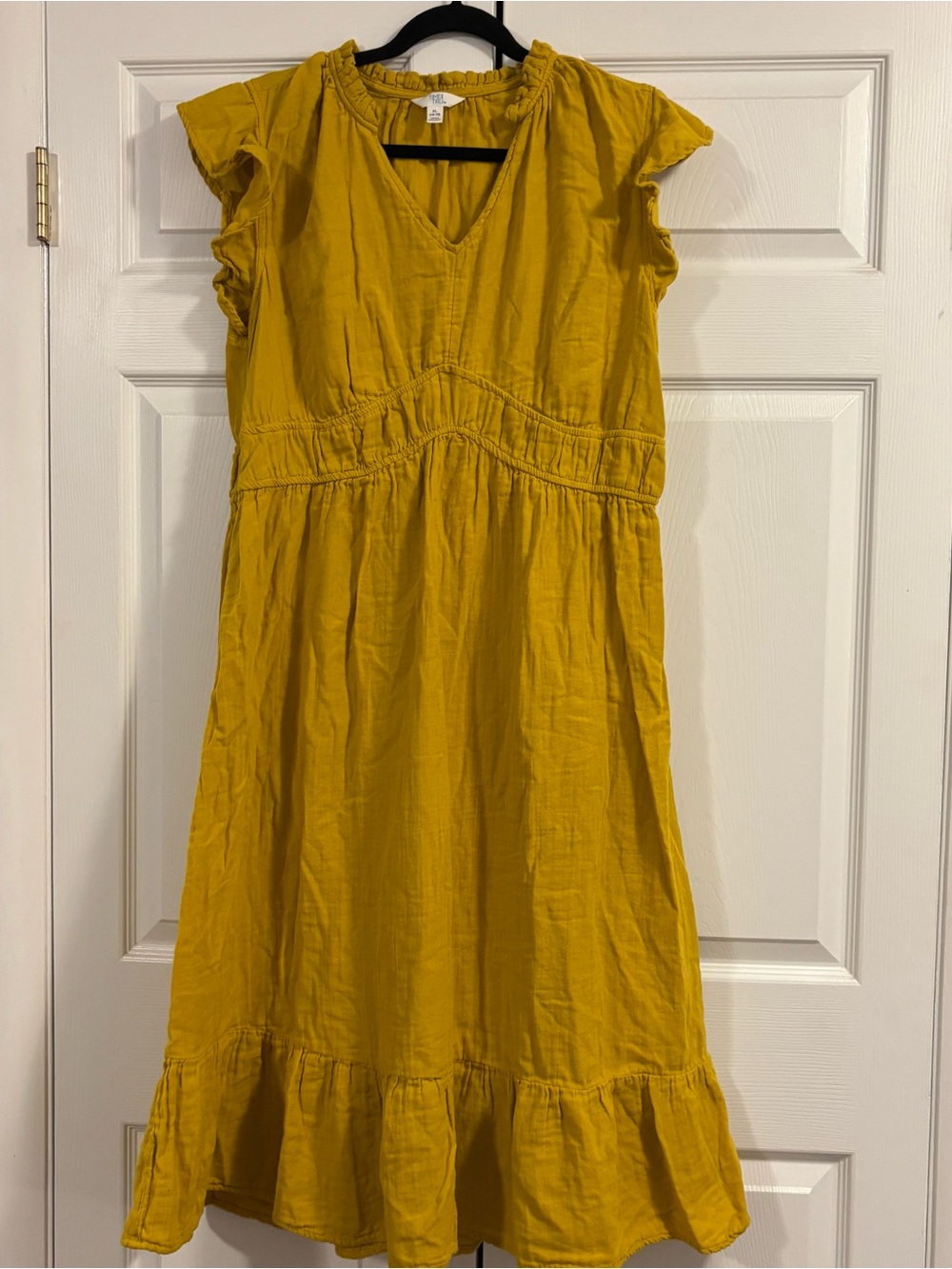 Time and Tru Cotton Mustard Yellow Ruffle Hem & Sleeves Cottagecore Dress
